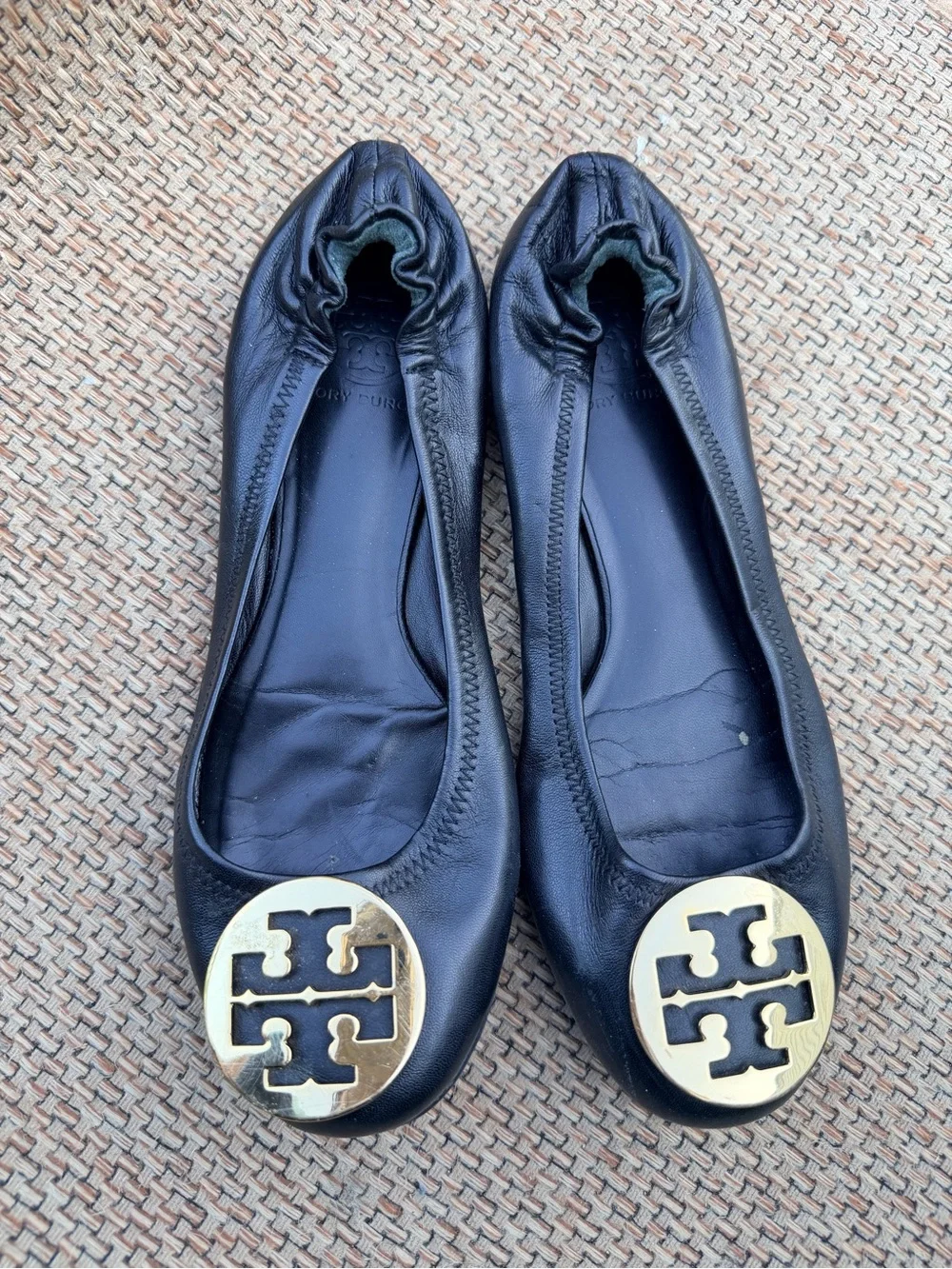 Tory Burch Black Leather Flats with Gold Logo Medallions